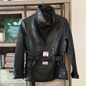 Kenneth Cole Black Faux Leather Belted Jacket,XS,NWT